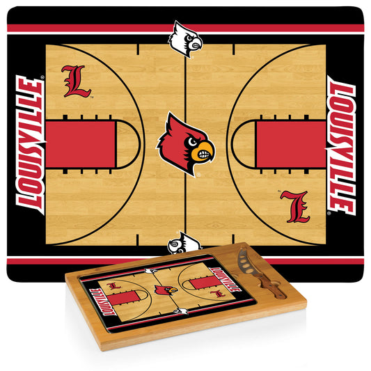 Louisville Cardinals basketball Icon cutting board with tempered glass tray, bamboo base, and stainless steel cheese knife