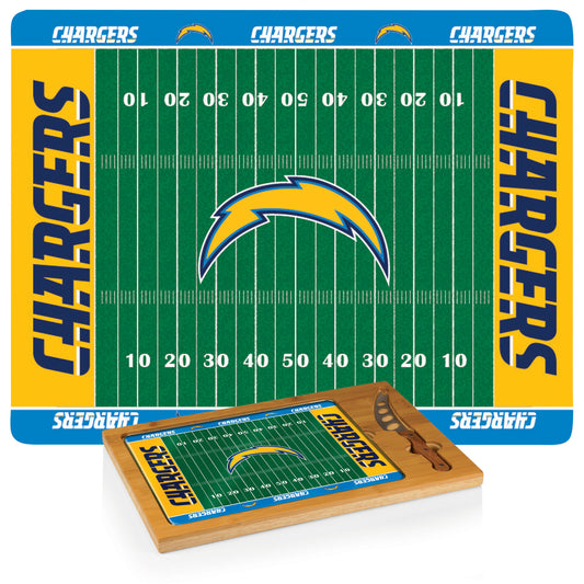 Los Angeles Chargers Icon cutting board with tempered glass top, bamboo base, and stainless steel cheese knife.