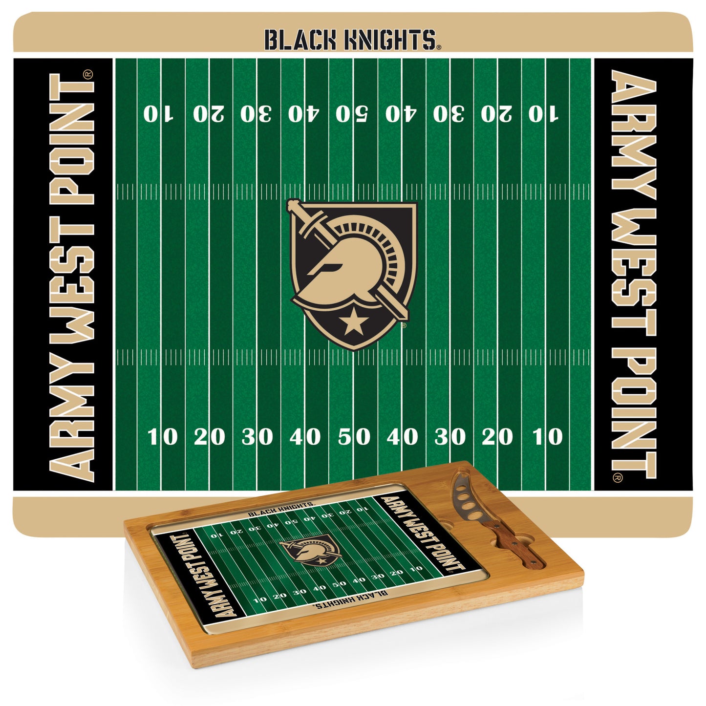 Army Black Knights - Icon Glass Top Cutting Board & Knife Set by Picnic Time