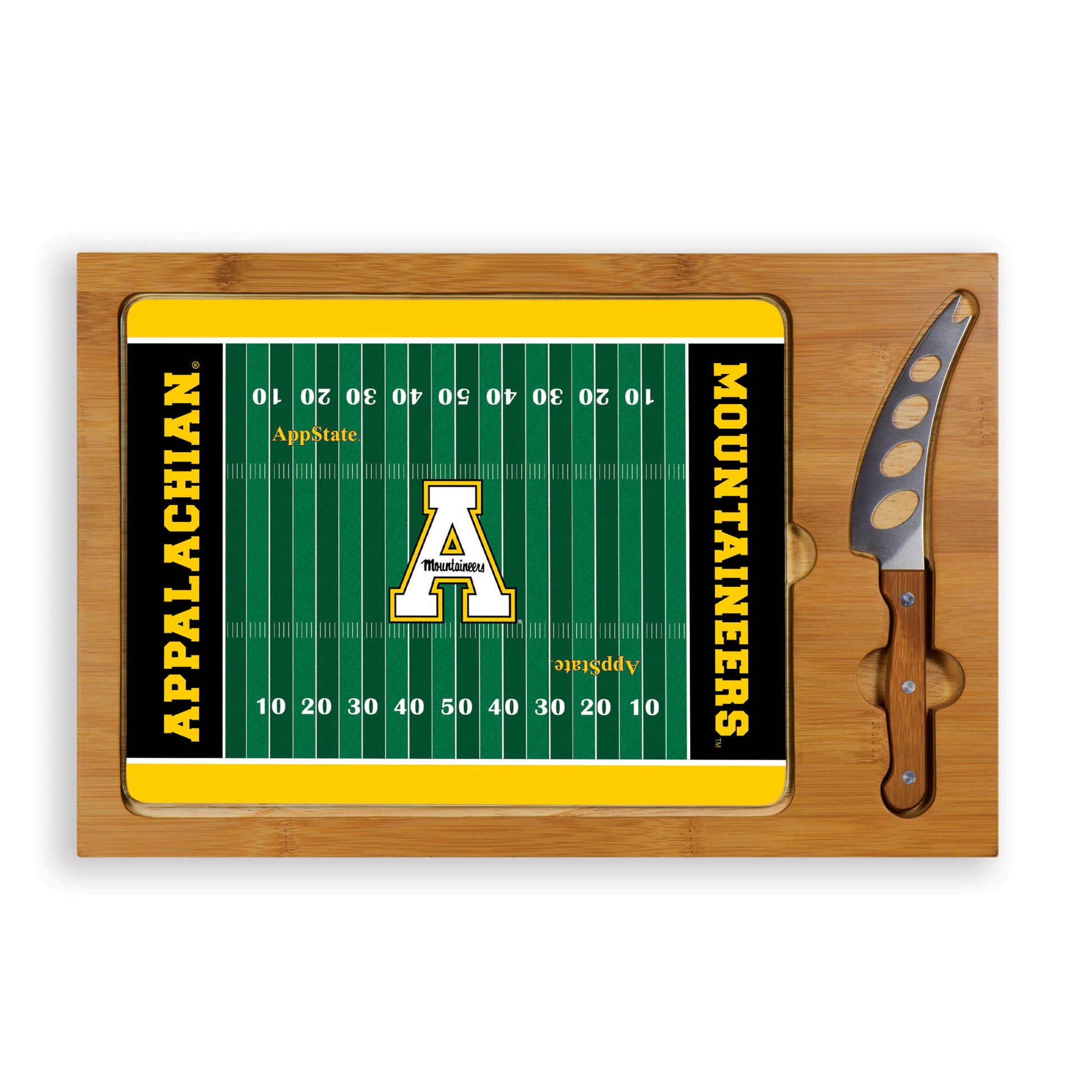 Appalachian State Mountaineers Icon Glass Top Cutting Board & Knife Set. Tempered glass lid, bamboo handle knife, versatile use.