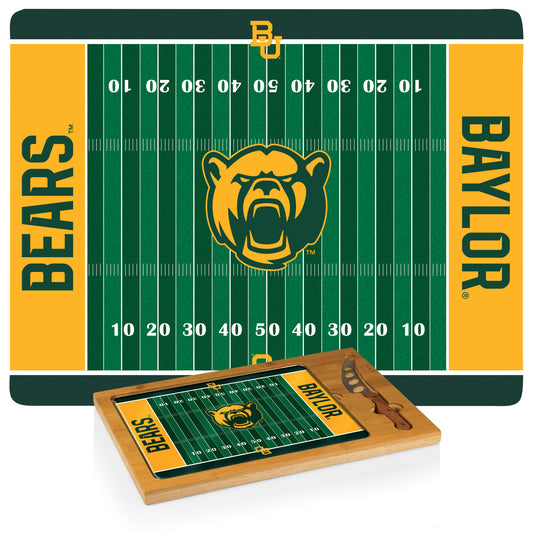 Baylor Bears NCAA glass cutting board and knife set with bamboo base, tempered glass lid, and cheese knife.