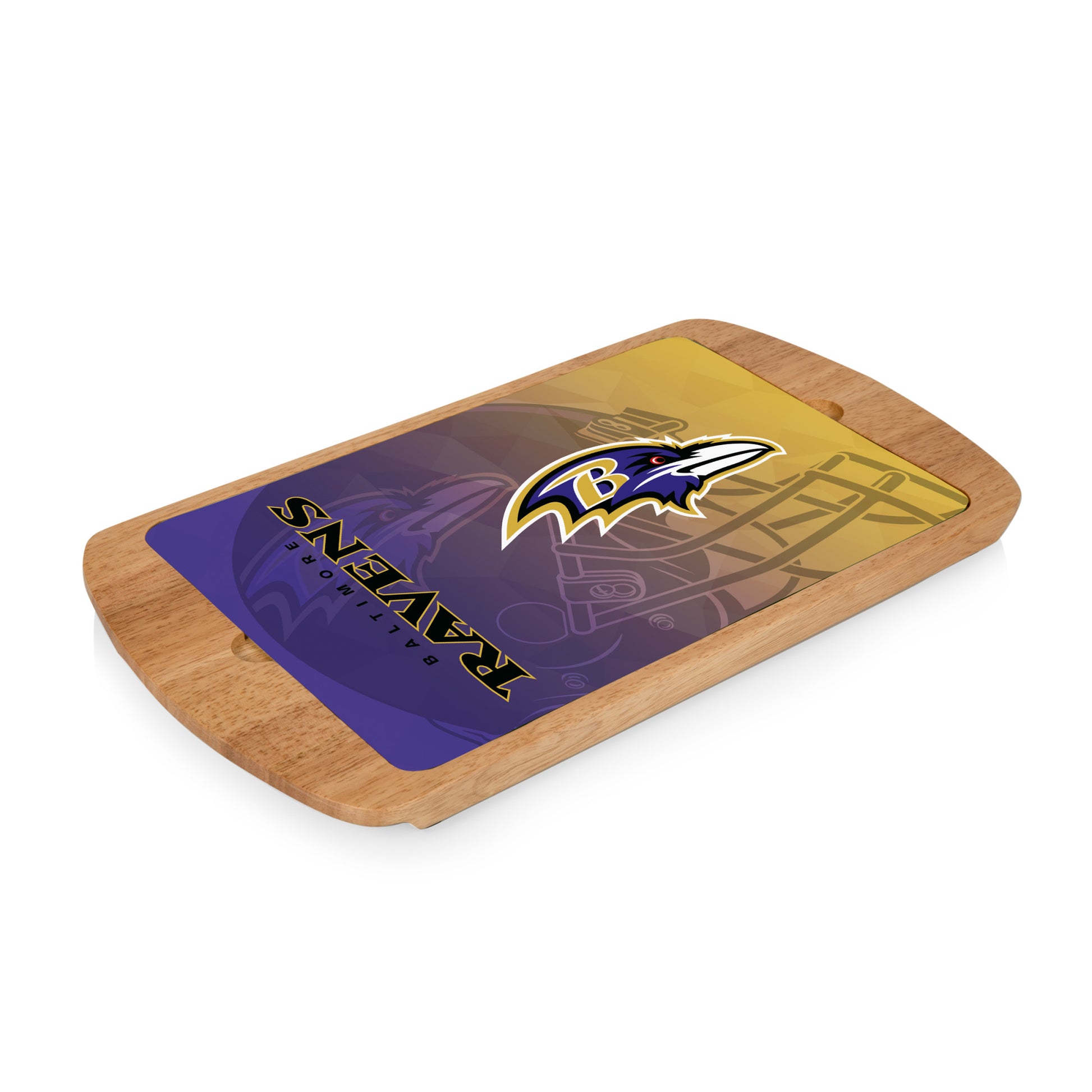 Baltimore Ravens wood cutting board with glass top featuring team colors and helmet logo on glass