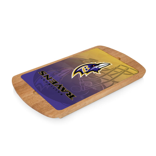 Baltimore Ravens wood cutting board with glass top featuring team colors and helmet logo on glass