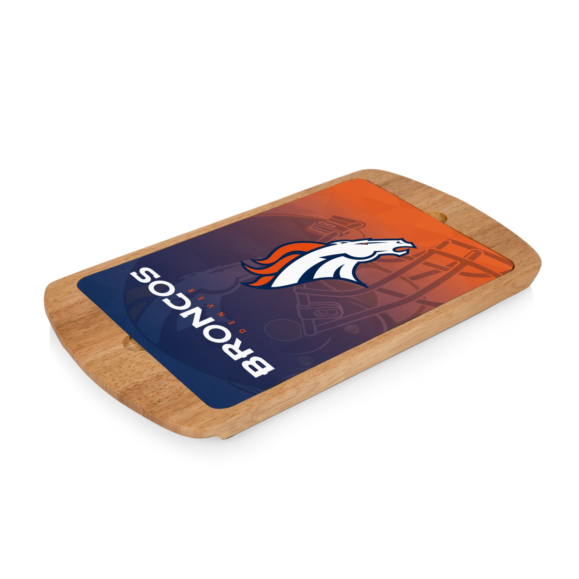 Elevate game day with the Denver Broncos Billboard Glass Top Serving Tray. 17"x9.75", glass top, rubberwood base, and team graphics.