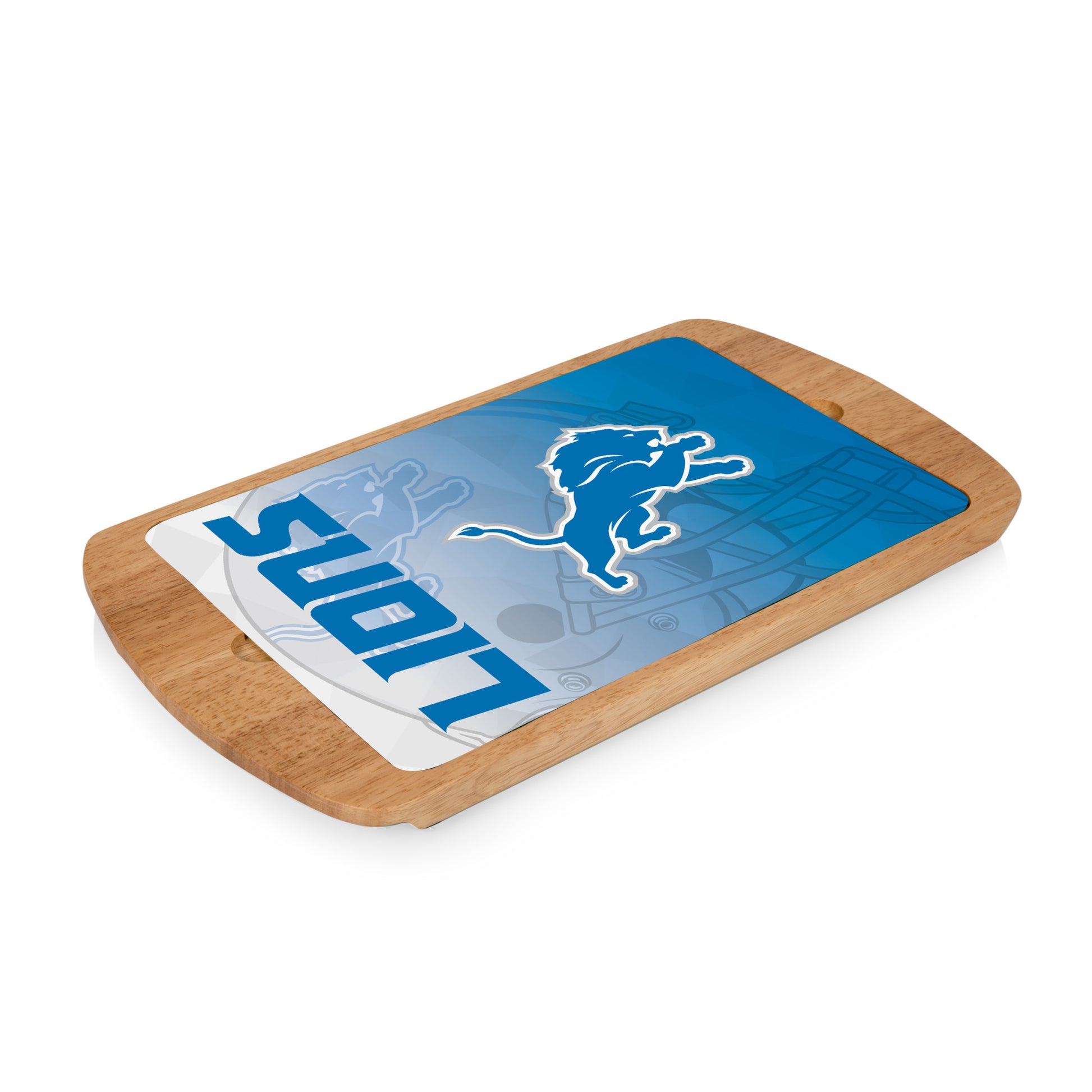 Detroit Lions NFL Billboard Glass Top Serving Tray by Picnic Time. Measures 17"x9.75"x1". Rubberwood and tempered glass, non-slip feet, officially licensed.