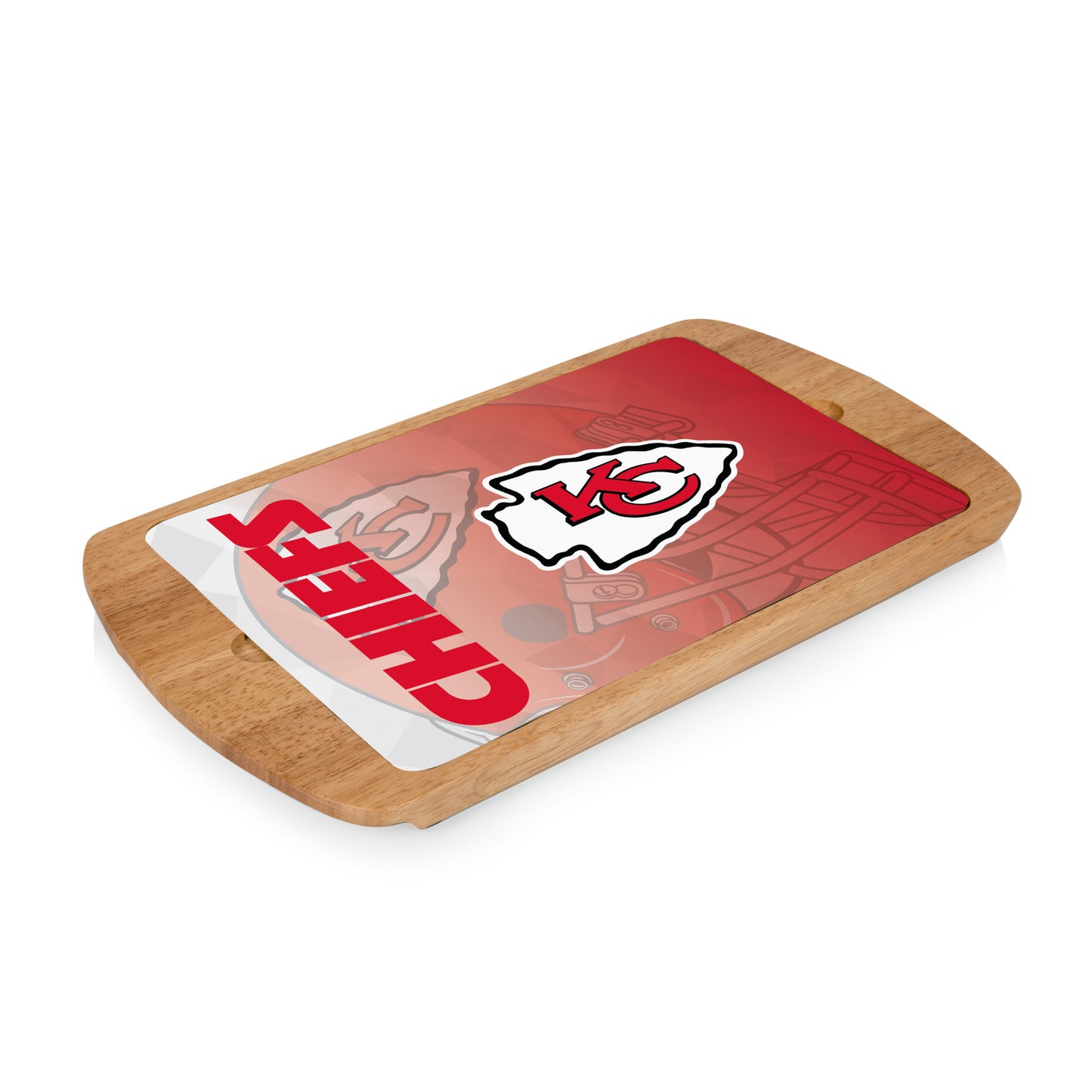 Kansas City Chiefs Billboard Glass Top Serving Tray by Picnic Time. Measures 17"x9.75"x1", rubberwood & tempered glass, officially licensed.