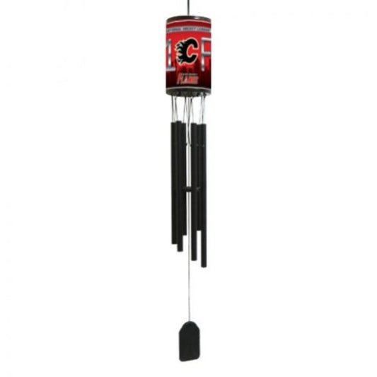Calgary Flames wind chime measures 33" long with team colors and graphics and 6 black aluminum flutes for sound