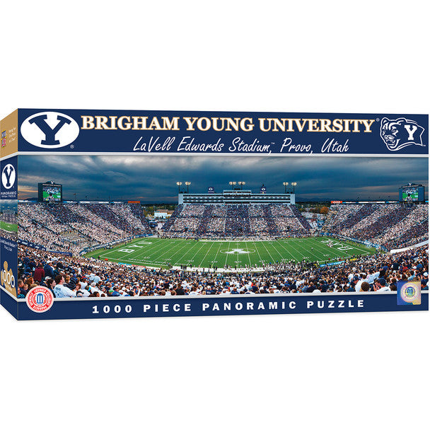 "Brigham Young (BYU) Cougars NCAA LaVell Edwards Stadium 1000-Piece Puzzle with panoramic view. Measures 13x39 inches."