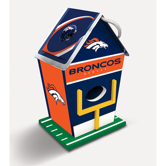 Denver Broncos NFL Wooden Birdhouse: Officially Licensed, Decorative Metal Roof, Hinged Back Door, 8" x 5" x 4