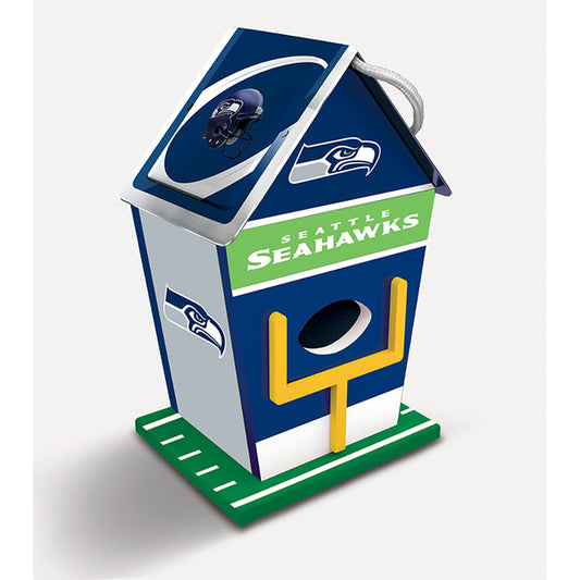 Seattle Seahawks NFL Wooden Birdhouse: 8"x5"x4", decorative metal roof, hinged back door, officially licensed by MasterPieces.
