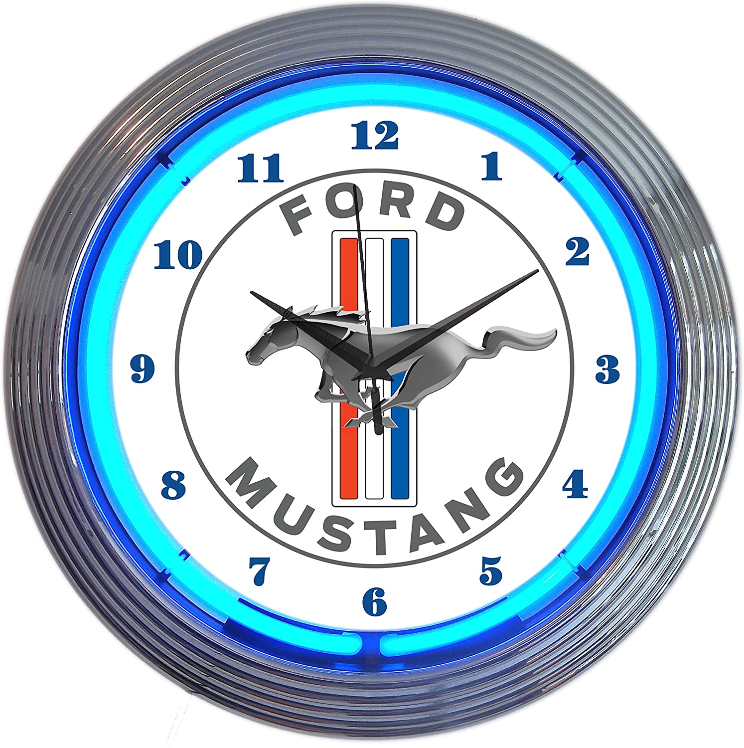 Ford Mustang 15" Neon Wall Clock: New, indoor use, 25W blue neon, chrome rim, AA battery clock, AC adapter. Neonetics