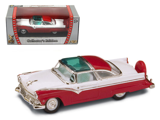 "1/43 scale 1955 Ford Crown Victoria Red and White diecast model car by Road Signature. Realistic detail, rubber tires."