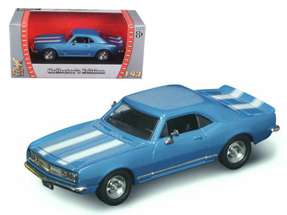 Road Signature 1967 Chevrolet Camaro Z-28 diecast model car in Blue, detailed interior and exterior, 1/43 scale, 4 inches long.