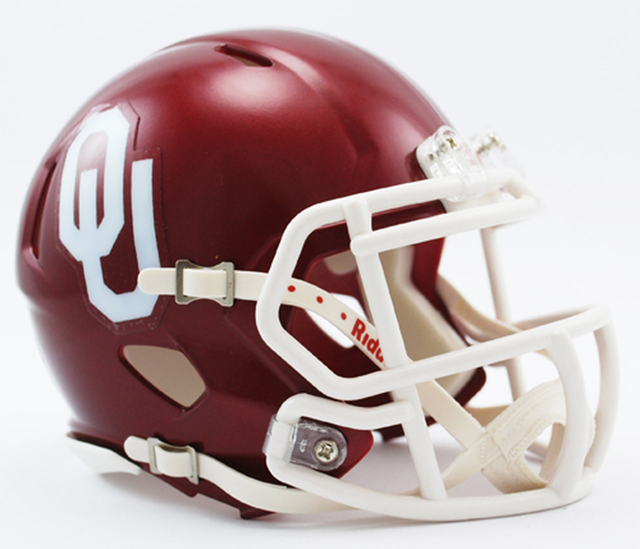 Oklahoma Sooners Riddell mini speed helmet with official decals, metal faceguard, chin strap, and foam padding, 5.5 inches tall