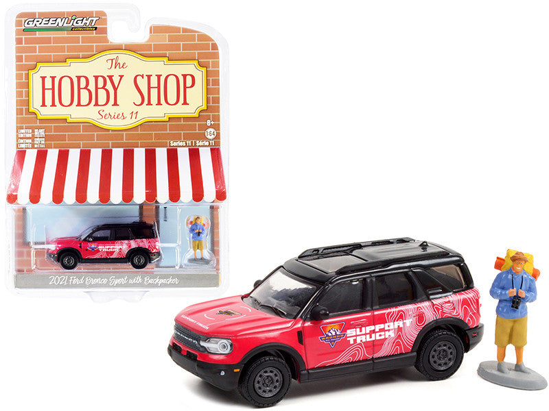 2021 Ford Bronco Sport Pink & Black "Off-Roadeo Adventure Support Truck" w/ Backpacker Figure The Hobby Shop Series 11 1/64 Diecast Car by Greenlight