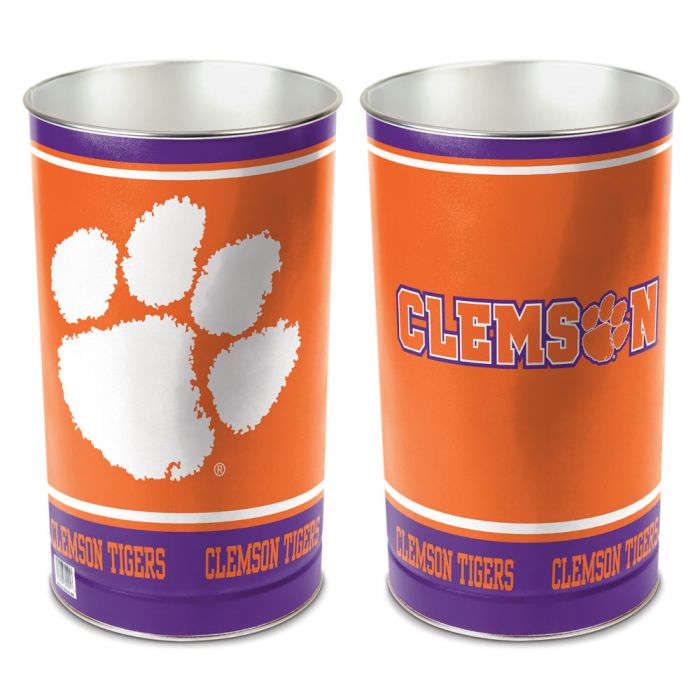 Clemson Tigers metal wastebasket with team colors and graphics measures 15 inches tall & 10 inches wide at top