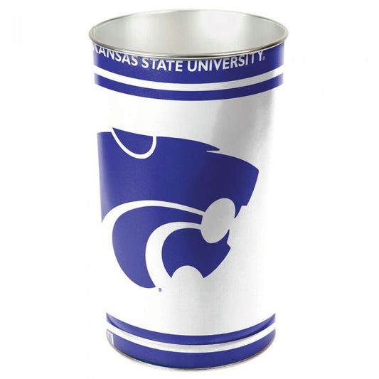 Kansas State Wildcats metal wastebasket with team colors and graphics measures 15 inches tall & 10 inches wide at top