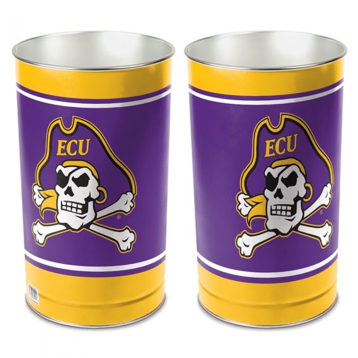 East Carolina Pirates metal wastebasket with team colors and graphics measures 15 inches tall & 10 inches wide at top