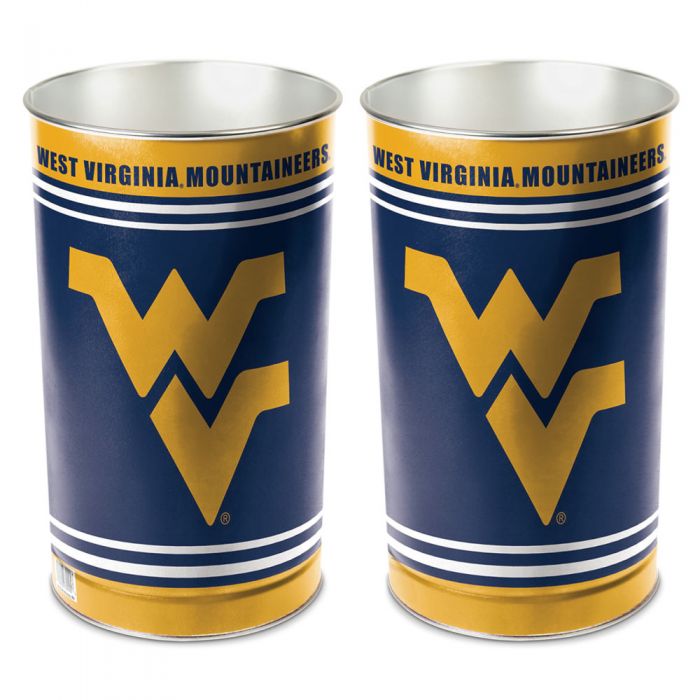 West Virginia Mountaineers metal wastebasket with team colors and graphics measures 15 inches tall & 10 inches wide at top