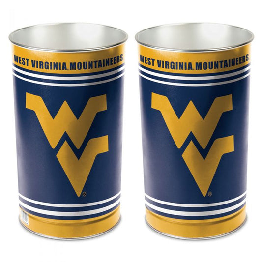 West Virginia Mountaineers metal wastebasket with team colors and graphics measures 15 inches tall & 10 inches wide at top