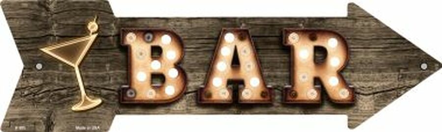 Bar With Cocktail Bulb Letters Novelty Metal 5" x 17" Arrow Sign A-500