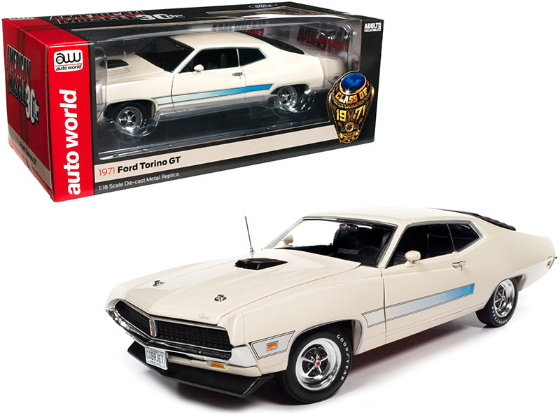 1971 Ford Torino GT Wimbledon White with Blue Laser Stripes "Class of 1971" "American Muscle 30th Anniversary"  1/18 Diecast Model Car by Autoworld