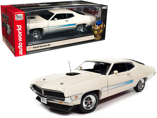 1971 Ford Torino GT Wimbledon White with Blue Laser Stripes "Class of 1971" "American Muscle 30th Anniversary"  1/18 Diecast Model Car by Autoworld