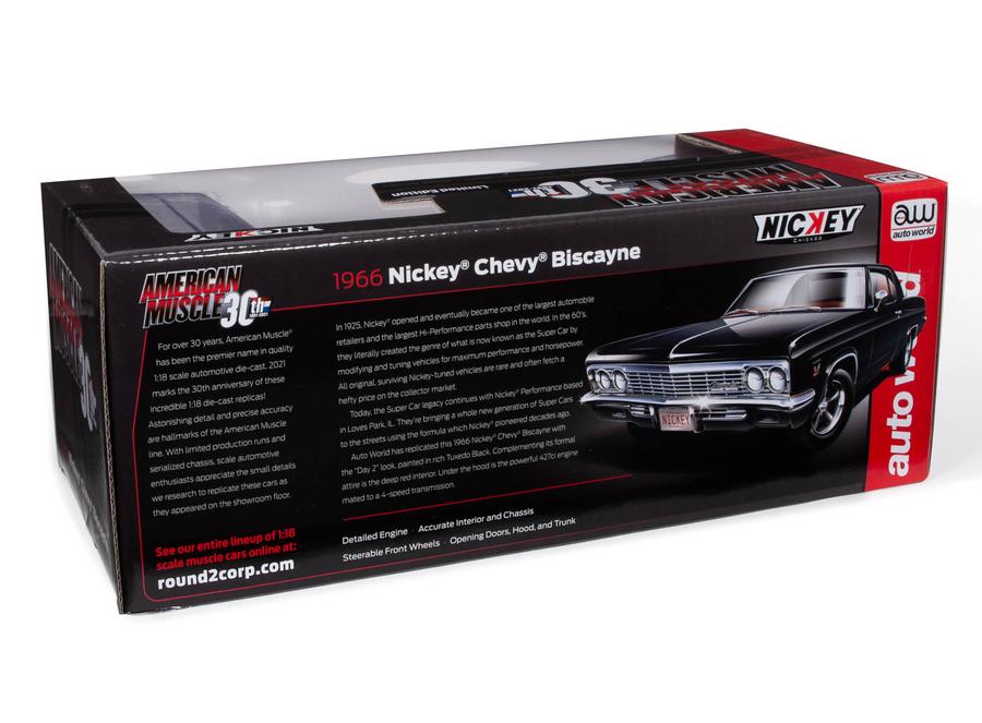 1966 Chevrolet Biscayne Nickey Coupe Tuxedo Black with Red Interior "American Muscle 30th Anniversary" (1991-2021) 1/18 Diecast Car by Autoworld