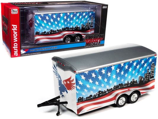Four Wheel Enclosed Car Trailer Patriotic "Brave and Bold" with Graphics for 1/18 Scale Model Cars by Auto World