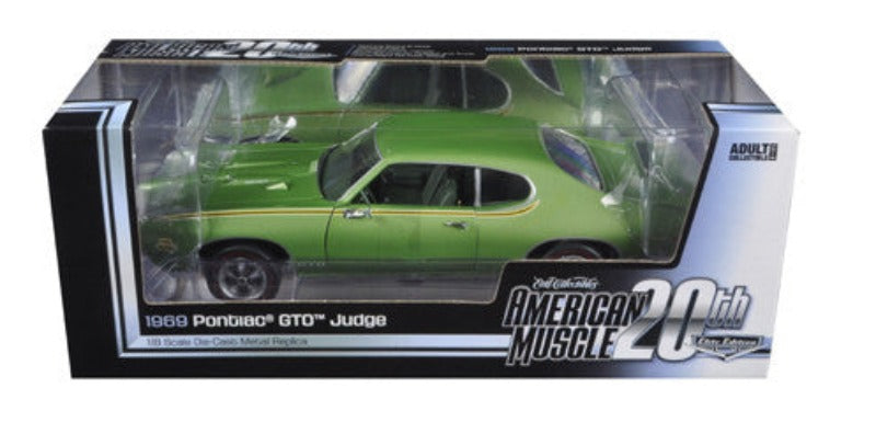 1969 Pontiac GTO Judge Green American Muscle 20th Anniversary Edition 1/18 Diecast Model Car by Autoworld