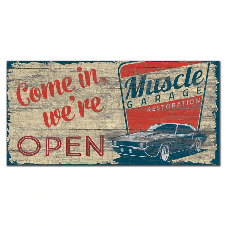 Open Muscle Car Garage 6" x 12" Sign by Fan Creations