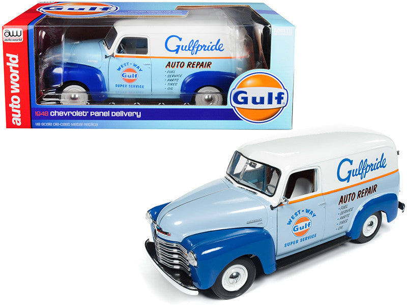 Auto World 1948 Chevrolet Panel Delivery - 1/18 diecast model. "Gulf Oil" Limited Edition. Real rubber tires. Detailed interior/exterior.