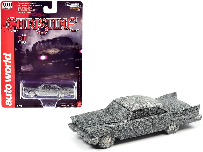 Auto World 1/64 diecast model of the 1958 Plymouth Fury "Christine" (1983) After Fire Version, with detailed exterior, opening hood, and real rubber tires.