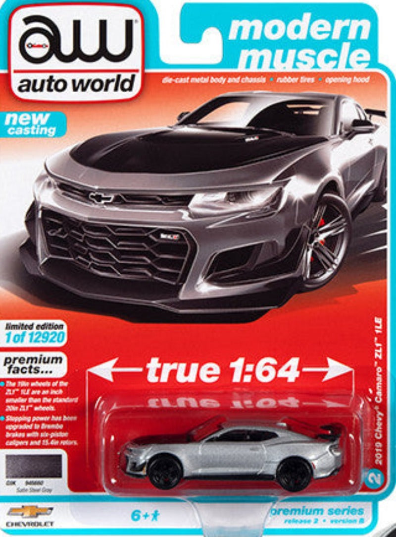 2019 Chevrolet Camaro ZL1 1LE Satin Steel Gray Metallic with Black Hood "Modern Muscle" Limited Edition to 12920 pieces 1/64 Diecast Car by Autoworld