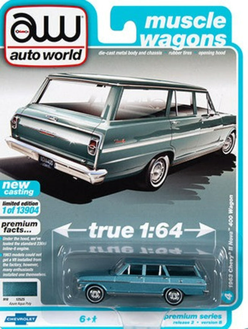 1963 Chevrolet II Nova 400 Station Wagon Azure Aqua Blue Metallic "Muscle Wagons" Limited Edition to 13904 pieces 1/64 Diecast Model Car by Autoworld