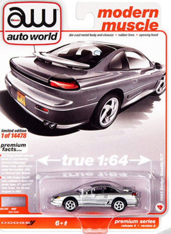 1993 Dodge Stealth R/T Silver Metallic with Black Top "Modern Muscle" Limited Edition to 14478 pieces Worldwide 1/64 Diecast Model Car by Auto World