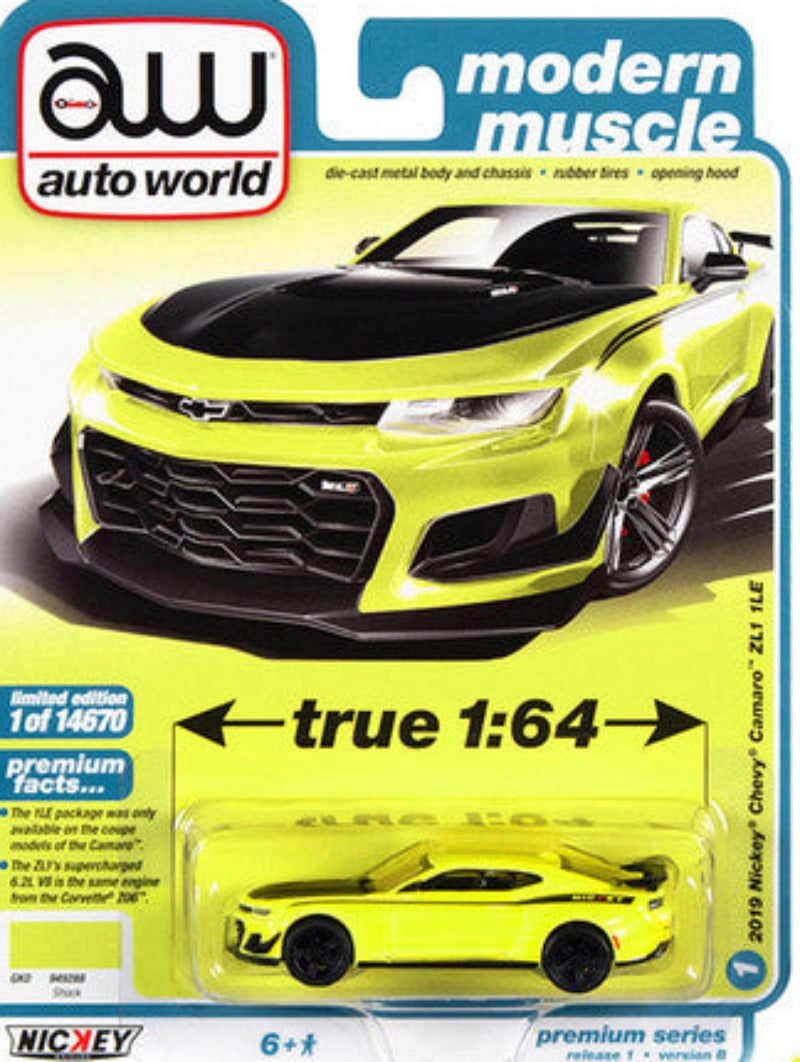2019 Chevrolet Camaro Nickey ZL1 1LE Shock Yellow with Matt Black Hood and Stripes "Modern Muscle" Ltd Ed to 14670 pcs 1/64 Diecast Car by Auto World