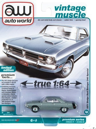 1971 Dodge Dart Swinger 340 Special Light Gunmetal Gray Metallic w/ Black Tail Stripe "Vintage Muscle" Limited Edition 1/64 Diecast Car by Auto World