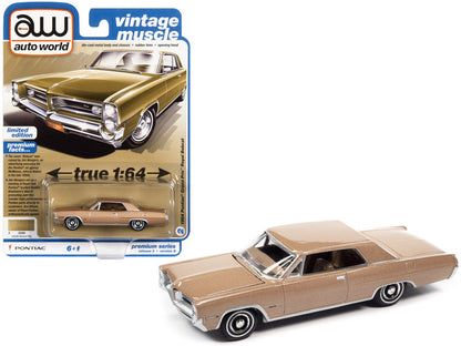 Auto World 1964 Pontiac Grand Prix 1/64 diecast car in bronze with opening hood, rubber tires, and detailed interior.
