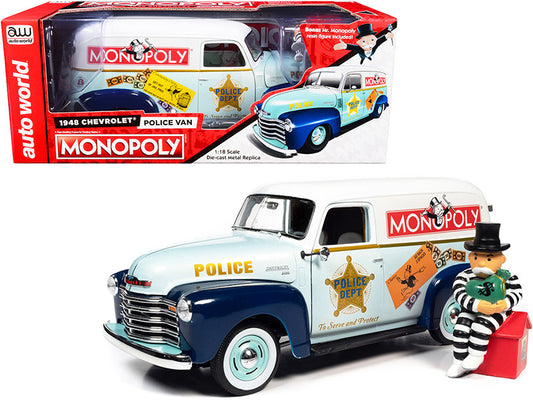 1948 Chevy Police Van "Monopoly" 1/18 Diecast, Steerable, Mr. Monopoly Figurine, Detailed Replica