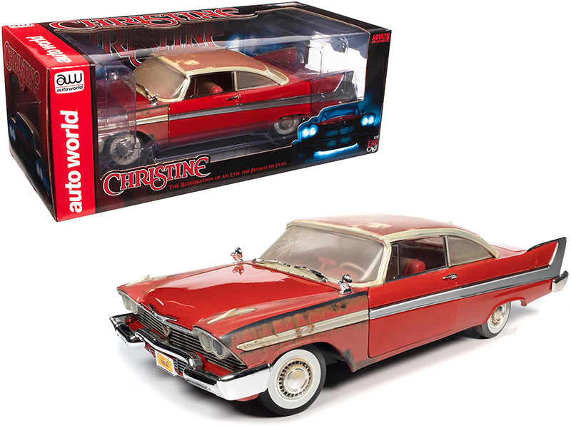 Auto World 1/18 diecast model of the 1958 Plymouth Fury "Christine" (1983) Partially Restored Version, featuring working lights, opening hood, trunk, doors, and detailed interior