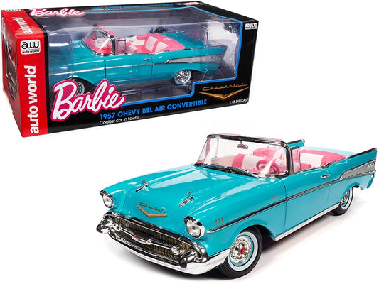 1957 Chevrolet Bel Air Convertible Aqua Blue with Pink Interior "Barbie" "Silver Screen Machines" 1/18 Diecast Model Car by Auto World