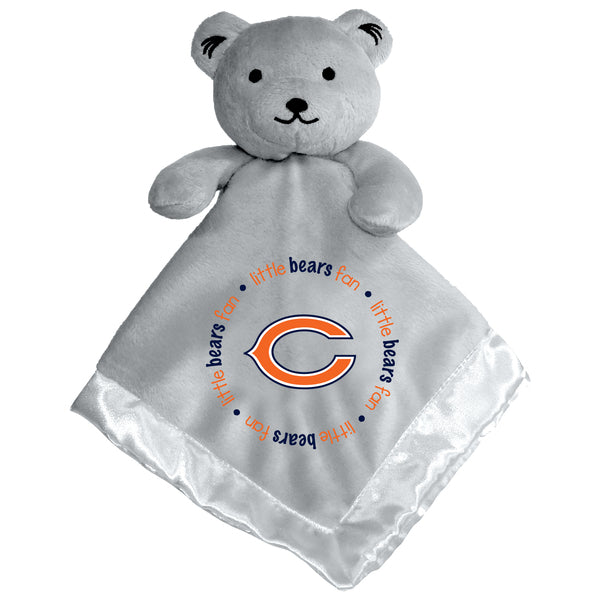 Gray security bear with embroidered Chicago Bears logo, soft plush top, satin underside, and plush head and arms, 14"x14"