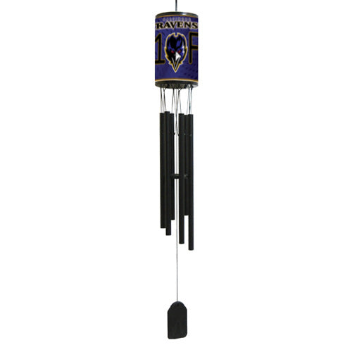  Baltimore Ravens wind chime measures 33" long with team colors and graphics and 6 black aluminum flutes for sound