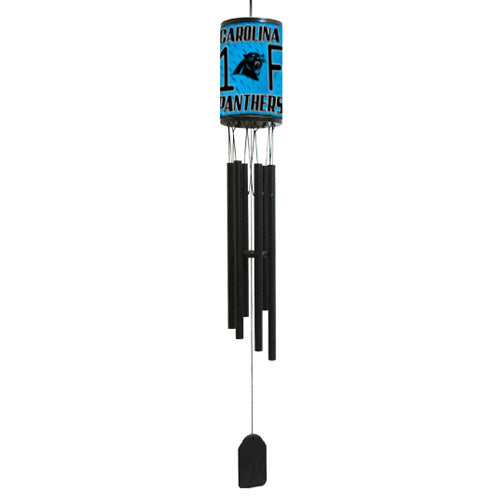 Carolina Panthers wind chime measures 33" long with team colors and graphics and 6 black aluminum flutes for sound
