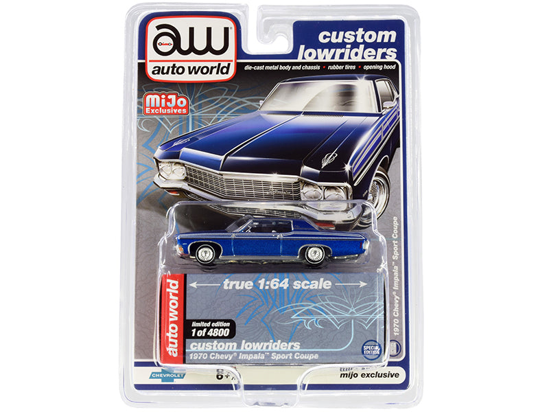 1970 Chevrolet Impala Sport Coupe Blue Metallic "Custom Lowriders" Limited Edition to 4800 pieces Worldwide 1/64 Diecast Model Car by Autoworld