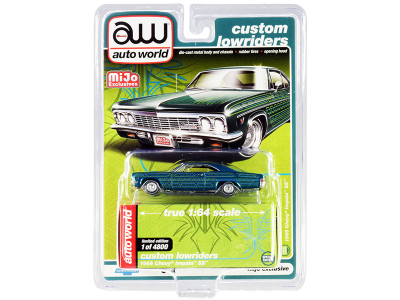 Auto World 1966 Chevrolet Impala SS diecast model in blue metallic, limited edition of 4800, with detailed interior and opening hood.