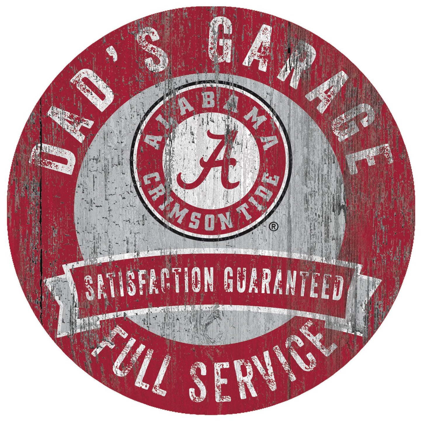 "Alabama Crimson Tide 'Dad's Garage' 12x12 sign with team colors and graphics, made from MDF."