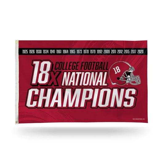 Alabama Crimson Tide 3'x5' Flag by Rico. Indoor/Outdoor use. Team colors and graphics featuring 18x Champs. Officially Licensed.