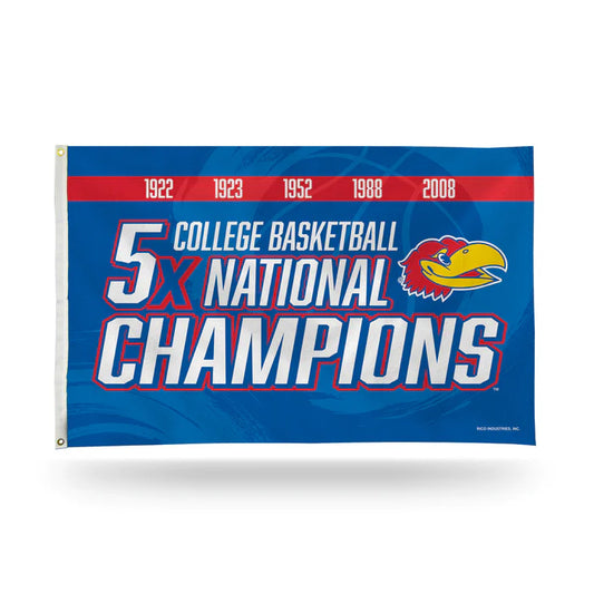 Kansas Jayhawks 5 Time College Basketball Champs  3' x 5' Banner Flag by Rico Industries